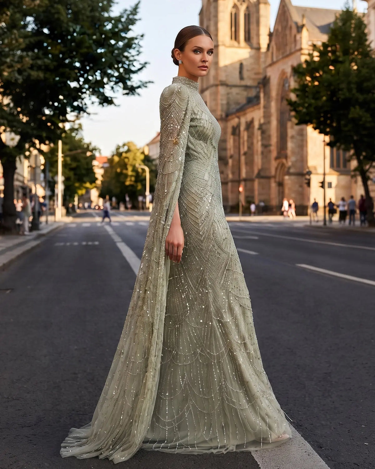 Sage Green Cape Sleeve Evening Dress SS630