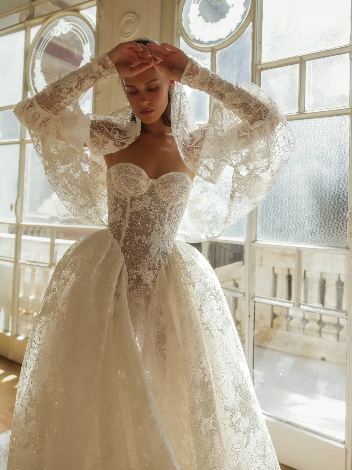 glamorous lace wedding dress Low Back Sleeved Sheer Ivory Lace Sexy Bridal Dress