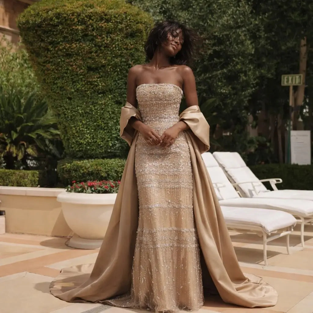 Luxury Sage Green Beaded Evening Dress with Cape SS238 - SHARONSAID