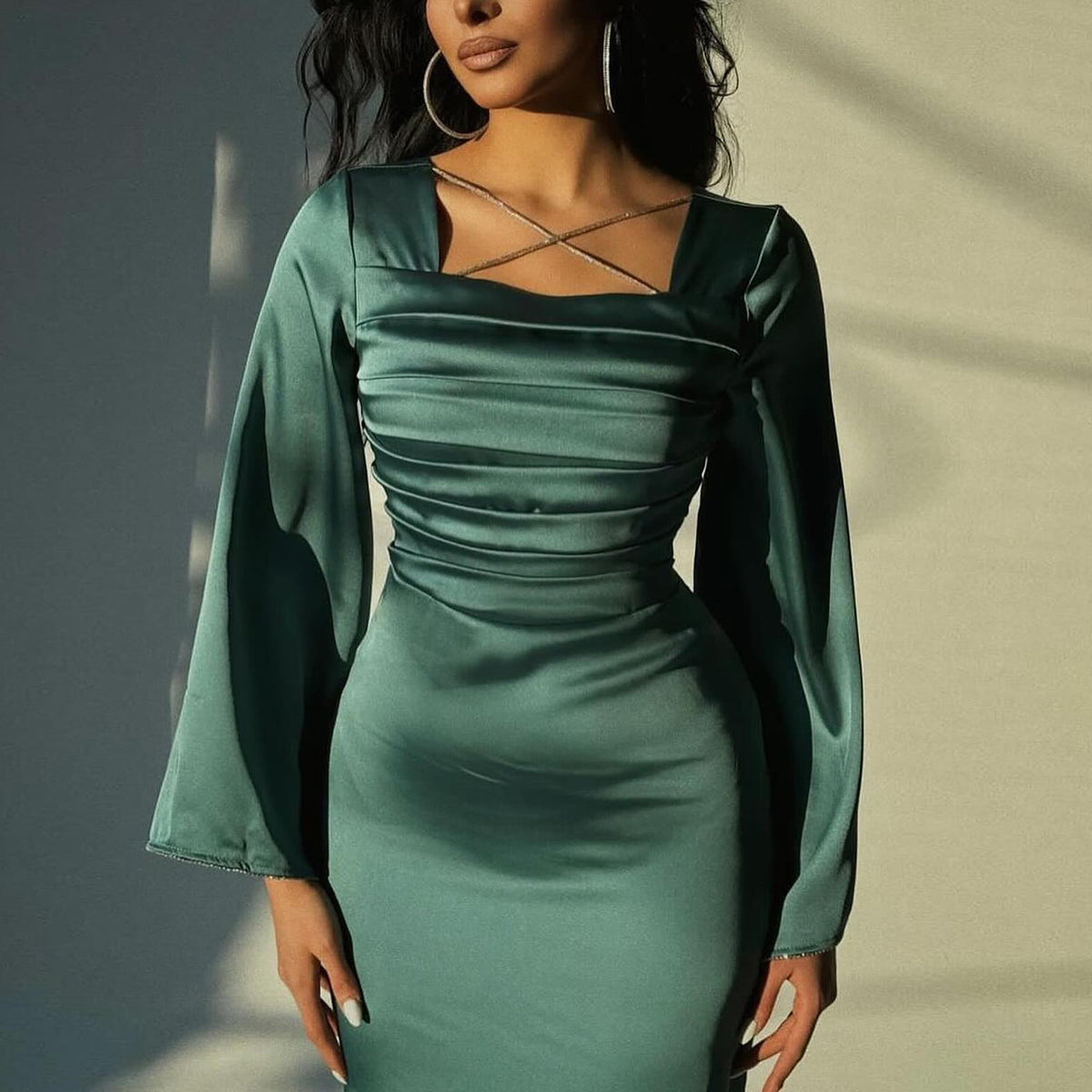 Sharon Said Emerald Green Short Arabic Evening Dress Long Sleeves Black White Midi Wedding Formal Party Bridesmaid Dress SF028