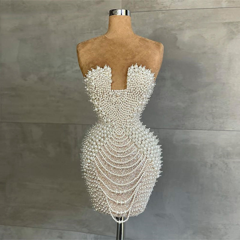 Luxury Pearls Tassels Strapless Cocktail Party Dress RM029