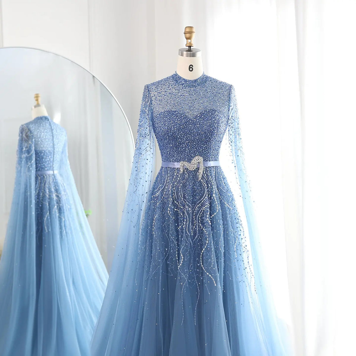 Luxury Blue High Neck Evening Dress with Cape Sleeves SS451 - SHARONSAID Luxury Blue High Neck Evening Dress with Cape Sleeves SS451 - SHARONSAID