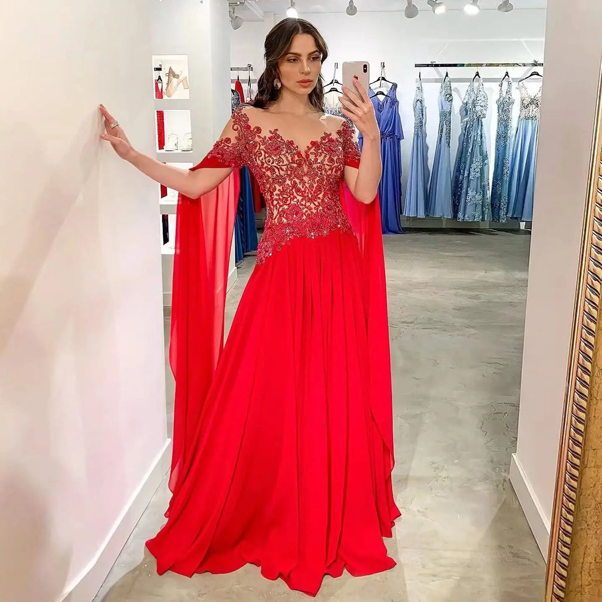 Luxury Beaded Red Chiffon Evening Dress with Cape Sleeve SS298