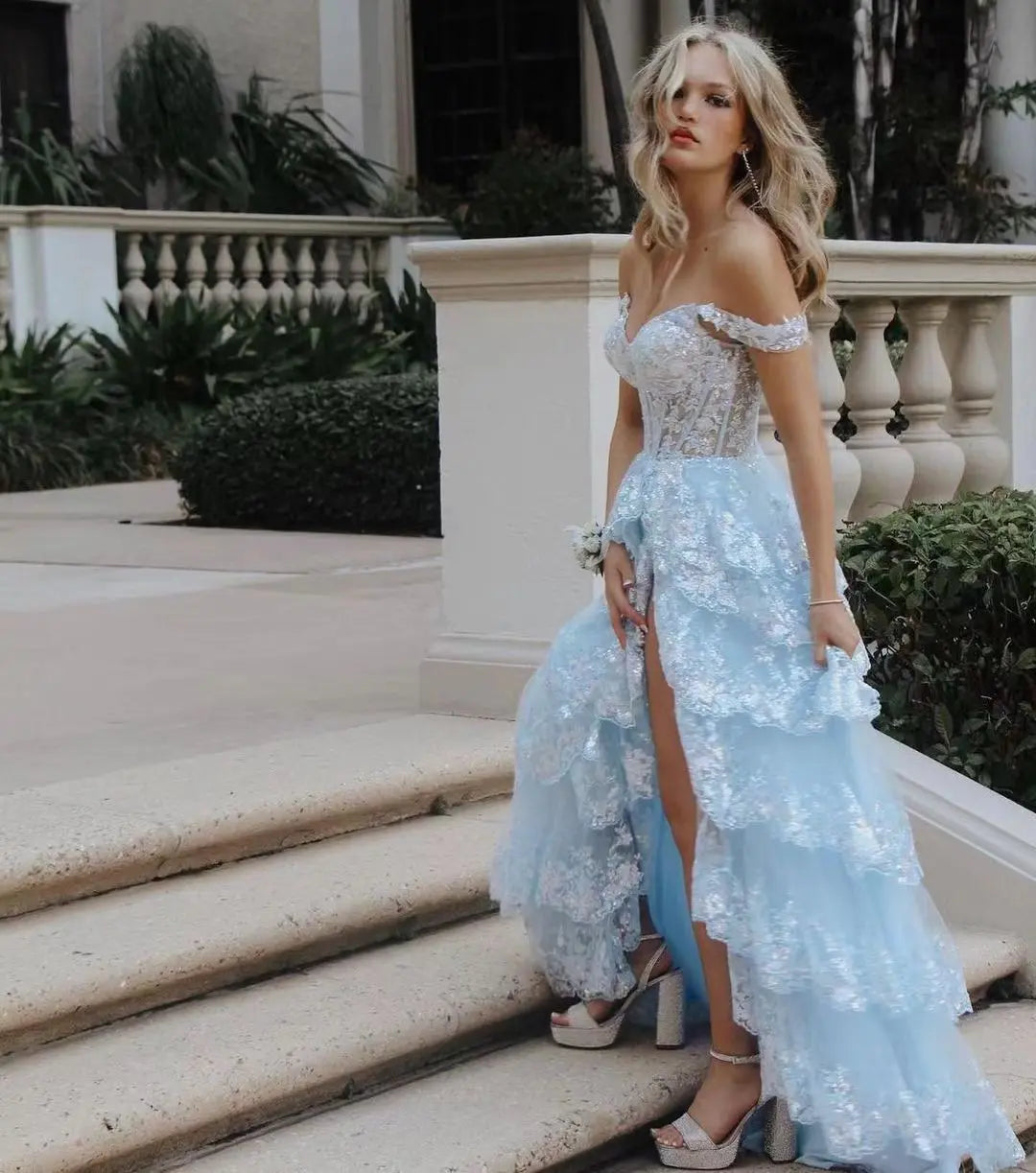 shea's prom dress SHEIN Faeriesty Off Shoulder Split Thigh Sequin Prom Formal Dress Blue NEW - Med