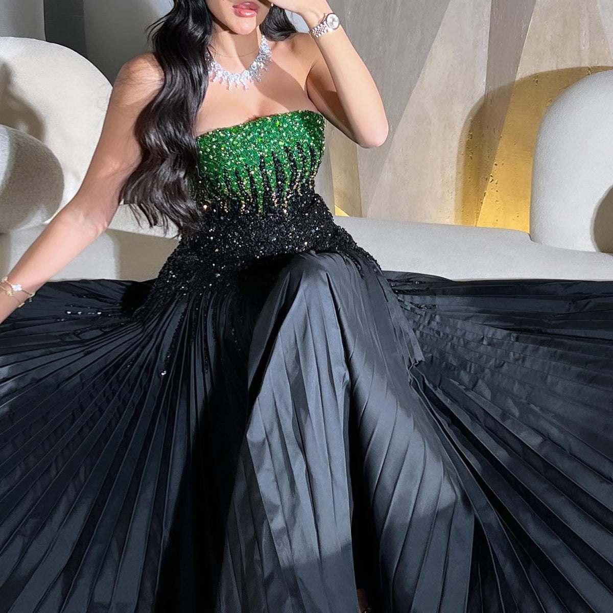 Sharon Said Luxus Perlen Schwarz Grün Trägerlosen Dubai Abendkleid für Frauen Hochzeit 2024 Elegante Midi Formale Party Kleider SS224