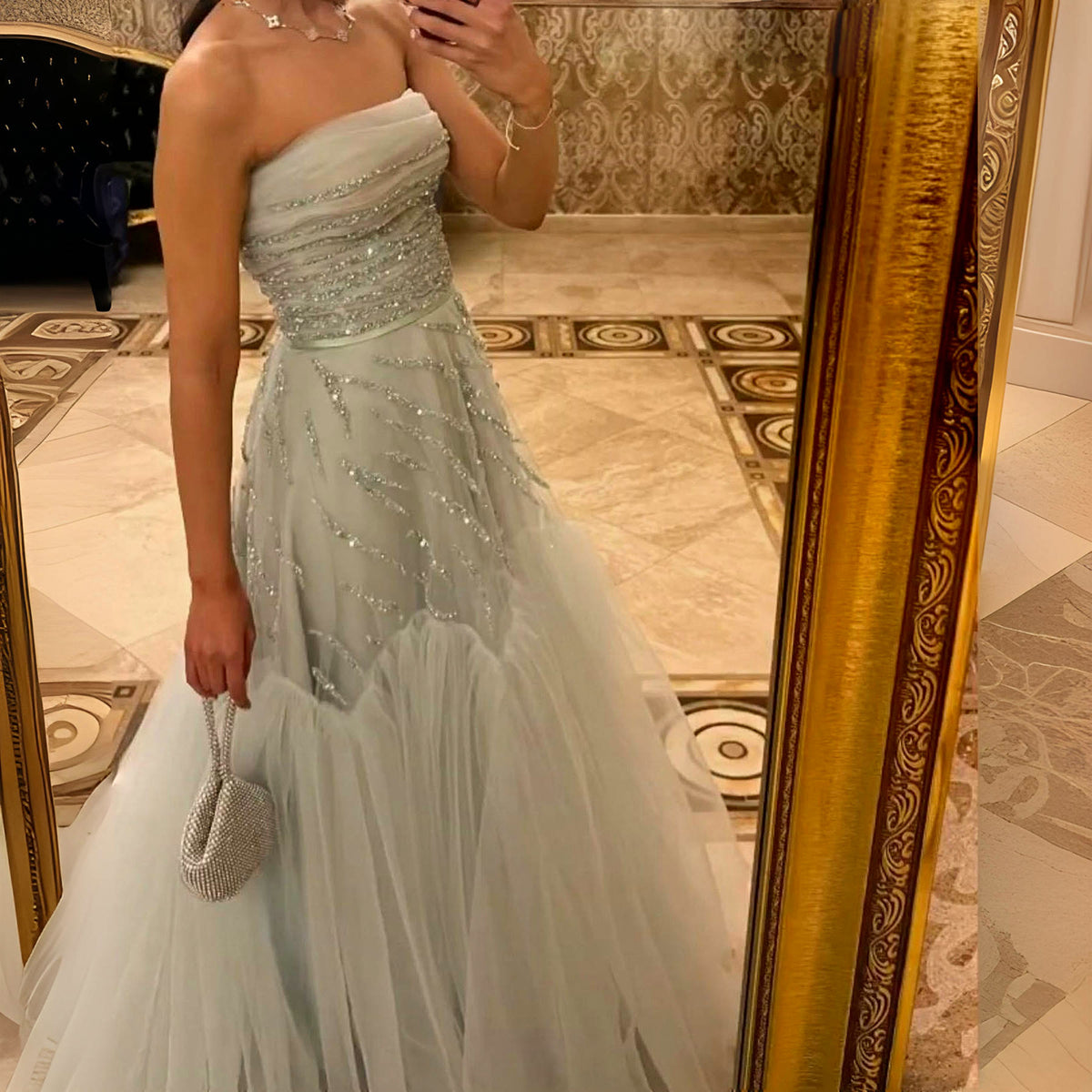 Sharon Said Elegant Strapless Sage Green Arabic Evening Dresses for Women Wedding Luxury Beaded Dubai Formal Party Gowns SS483