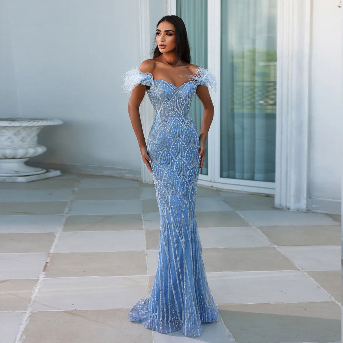 Sharon Said Blue Mermaid Luxury Feathers Evening Dresses for Women Wedding Party Champagne Beaded Long Prom Formal Gowns SS179