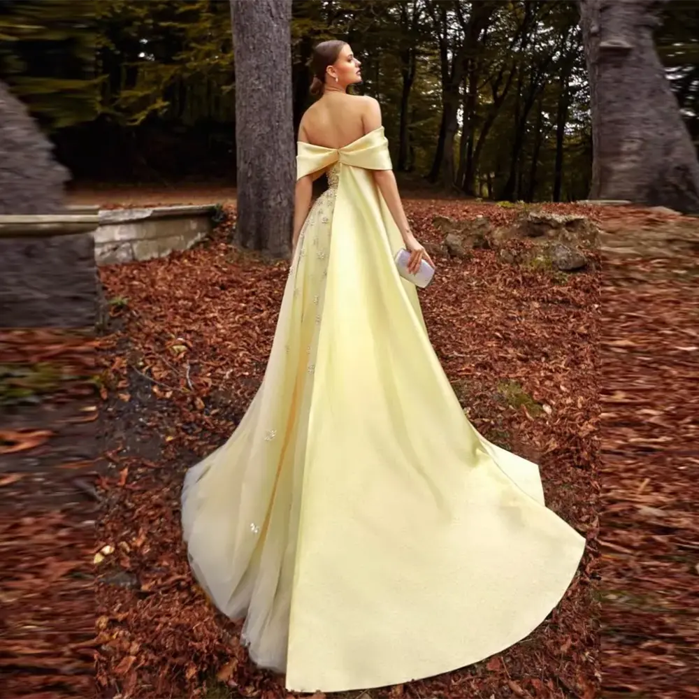 Luxury Yellow Off Shoulder Evening Dress with Cape Train SS455 