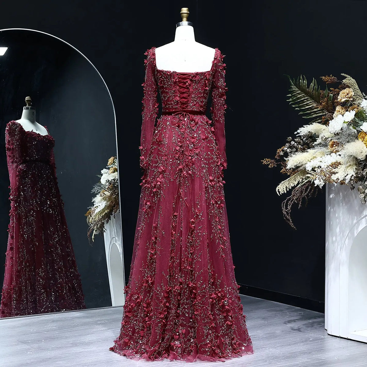 Luxury 3D Flower Gray Long Sleeves Evening Dress SS353 