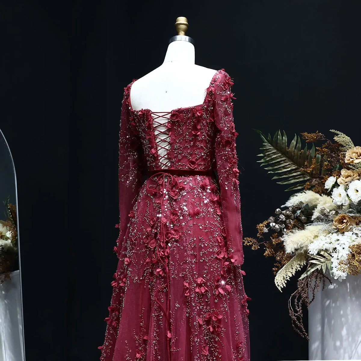 Luxury 3D Flower Gray Long Sleeves Evening Dress SS353 