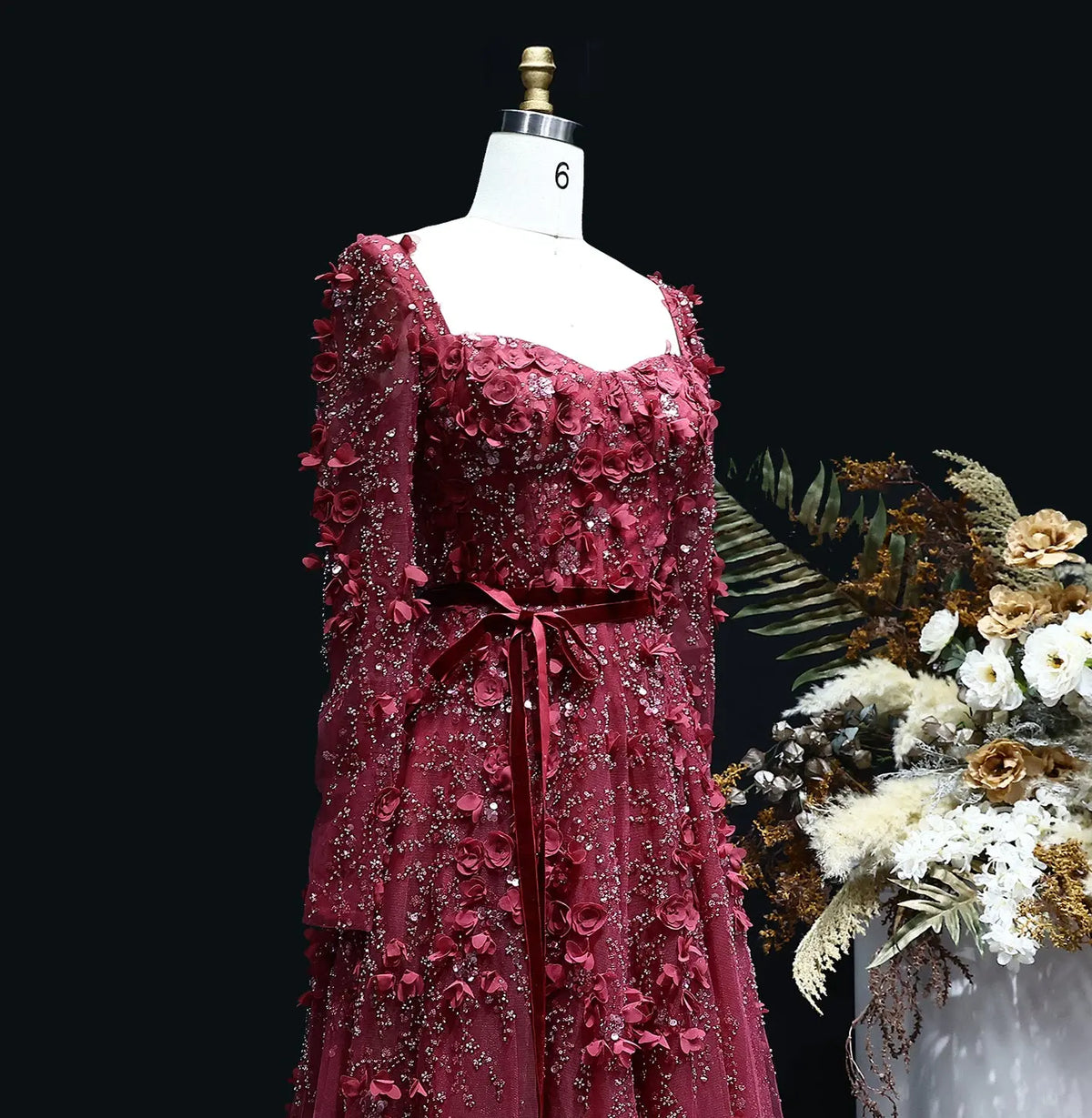Luxury 3D Flower Gray Long Sleeves Evening Dress SS353 