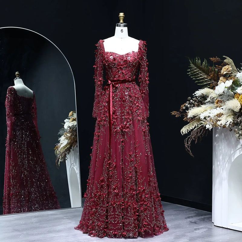Luxury 3D Flower Gray Long Sleeves Evening Dress SS353 