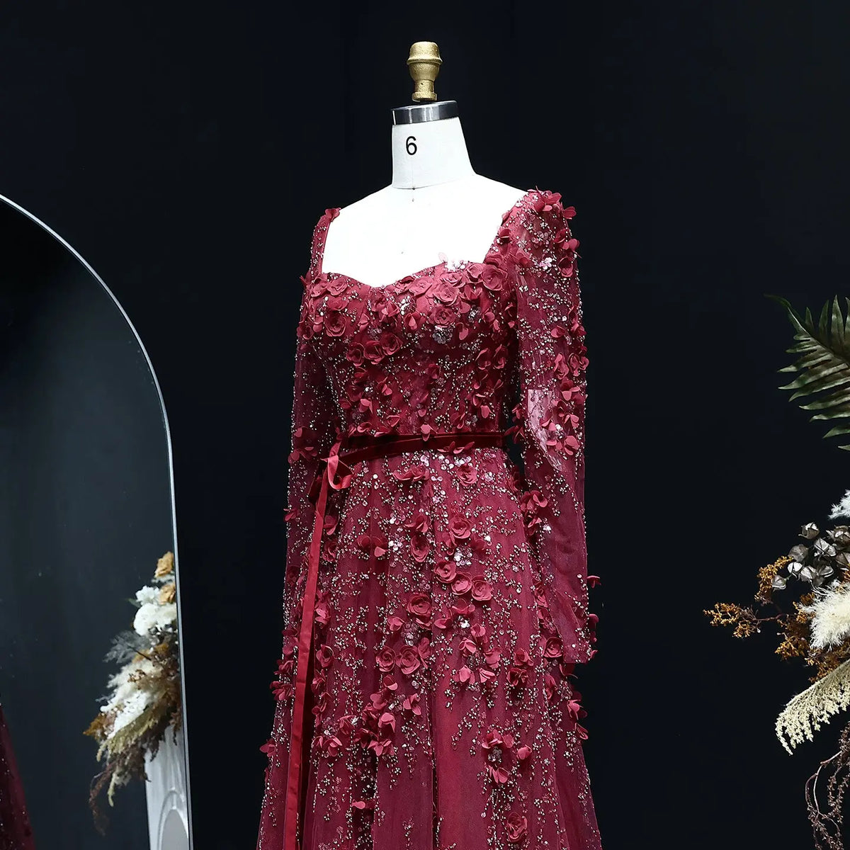 Luxury 3D Flower Gray Long Sleeves Evening Dress SS353 