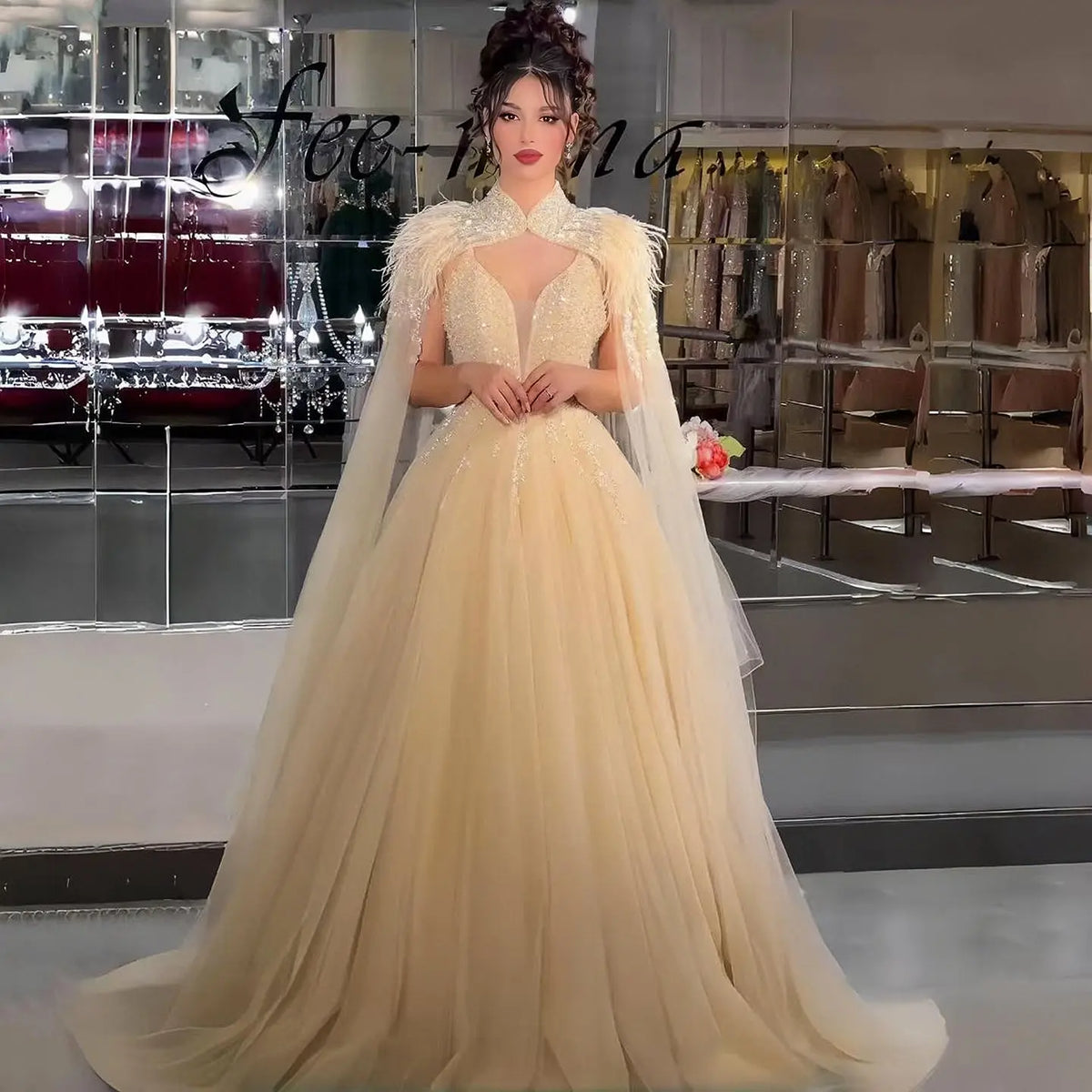 Final Sale Luxury Gold Feather Evening Dress with Cape SS594 Final Sale Luxury Gold Feather Evening Dress with Cape SS594