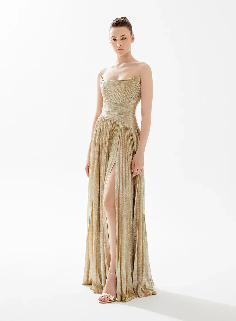 gold strapless long dress Elegant Gold Pleats Strapless Draped Evening Dress SF208