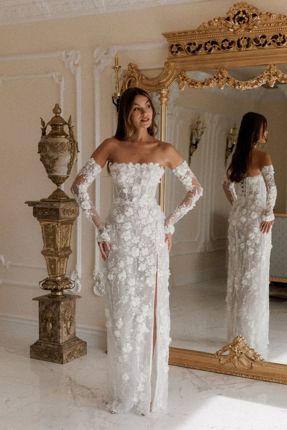 Elegant White 3D Floral Sequin Bridal Puff Sleeves Wedding Dress SW085 White / 2 Elegant White 3D Floral Sequin Bridal Puff Sleeves Wedding Dress SW085 White / 2