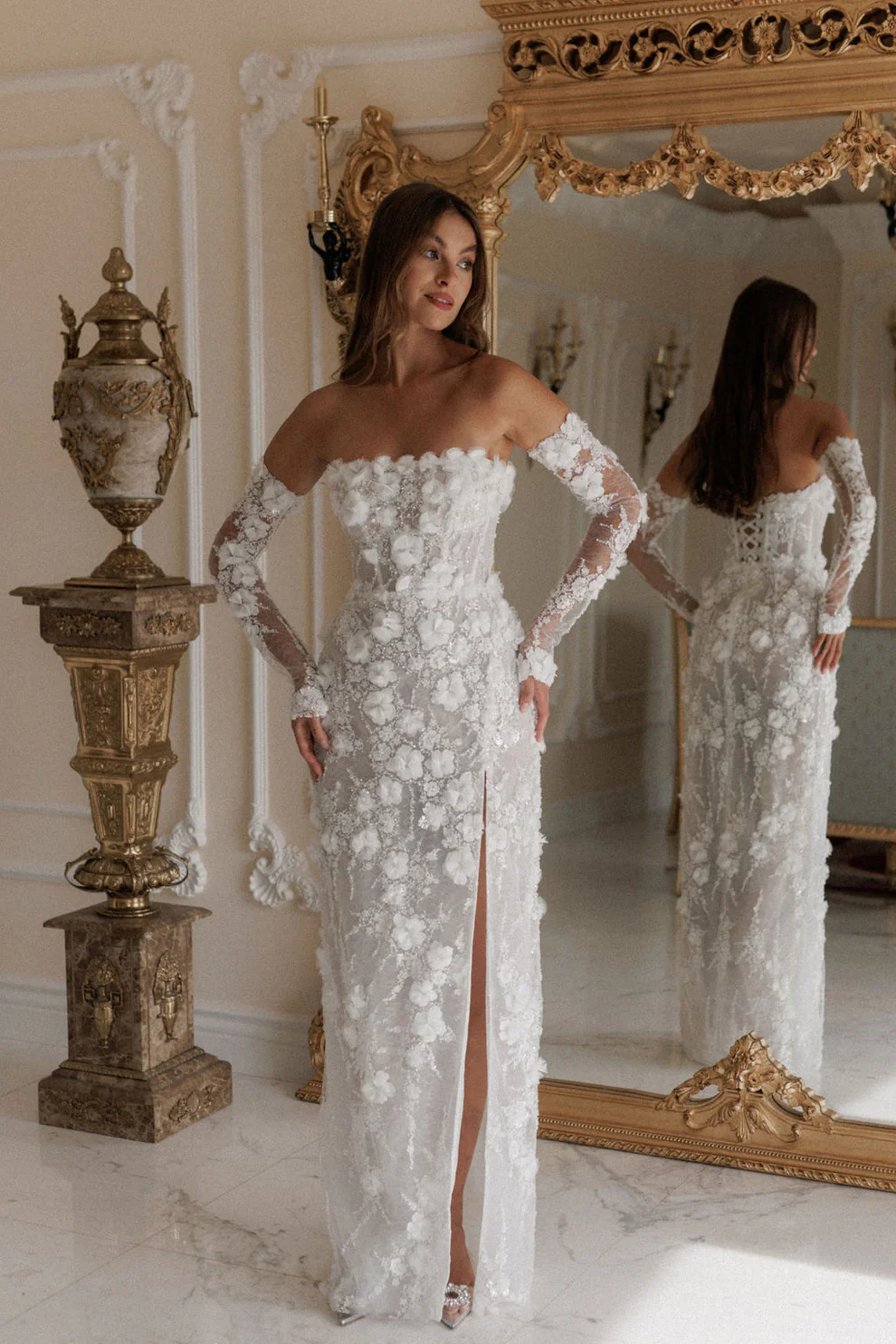 Elegant White 3D Floral Sequin Bridal Puff Sleeves Wedding Dress SW085 White / 2 Elegant White 3D Floral Sequin Bridal Puff Sleeves Wedding Dress SW085 White / 2
