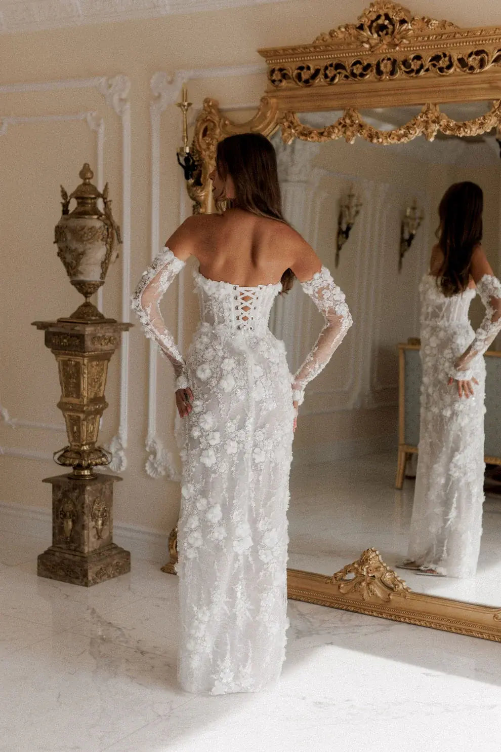 Elegant White 3D Floral Sequin Bridal Puff Sleeves Wedding Dress SW085 White / 2 Elegant White 3D Floral Sequin Bridal Puff Sleeves Wedding Dress SW085 White / 2