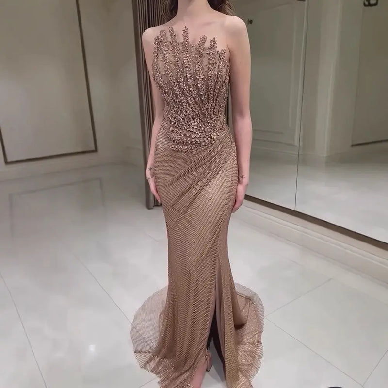 Sparkly Crystal Caramel Strapless Evening Dress SS528 