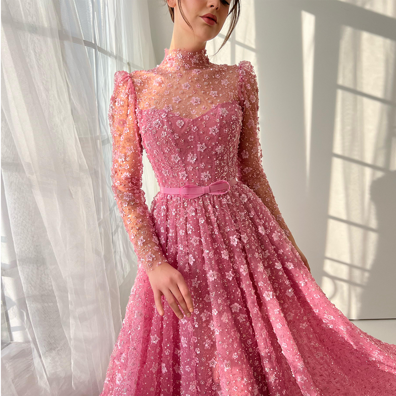 Luxury Delicate Pink 3D Floral Evening Dress with ruffles SS700 