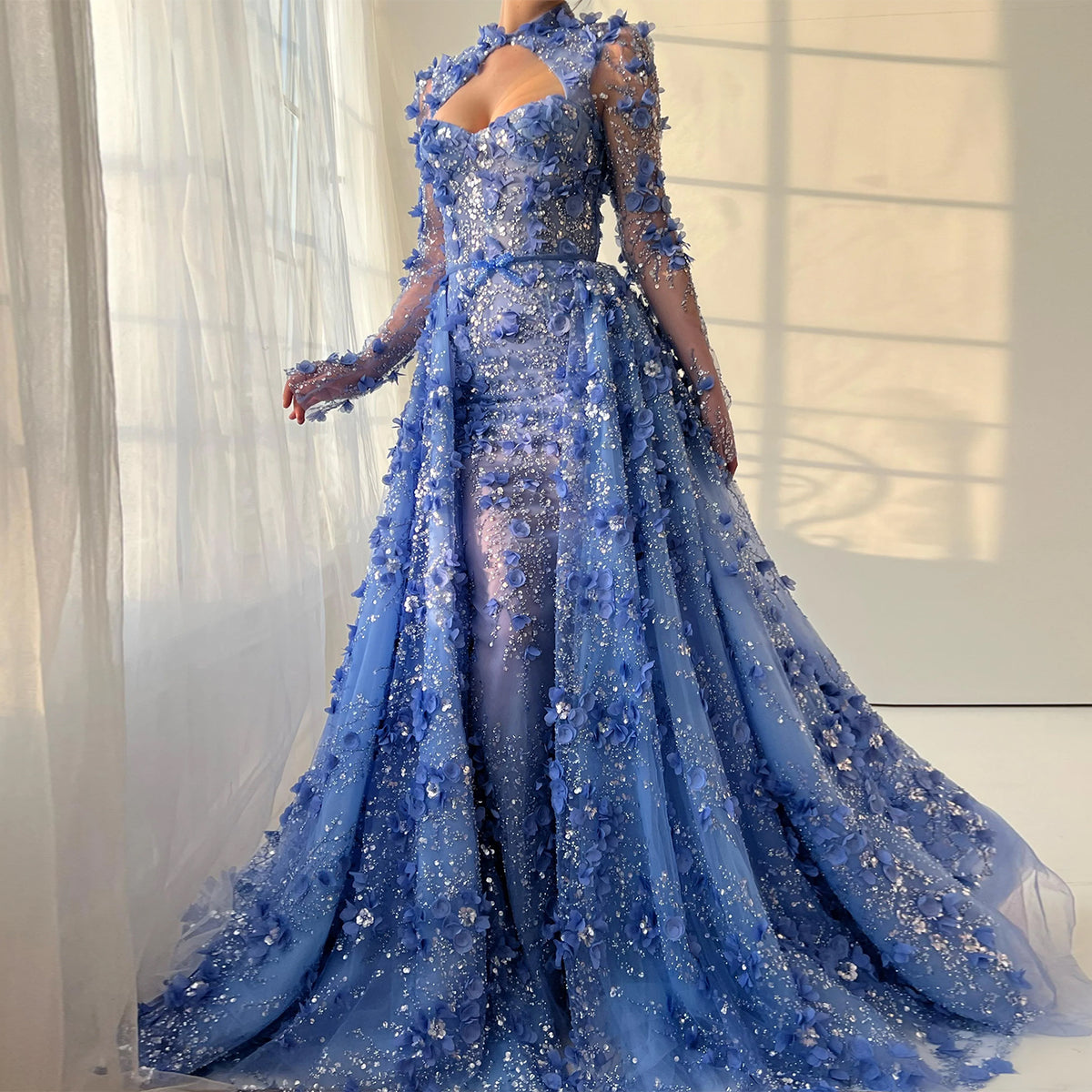 Luxury Royal Blue 3D Floral Beaded Evening Dress with Overskirt SS647 