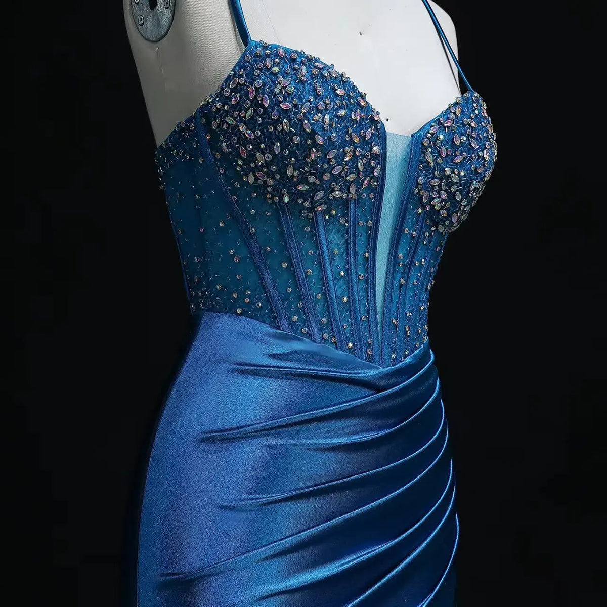 Luxury Royal Blue Spaghetti Strap Crystal Embroidered High-Slit Prom Dress SH536 