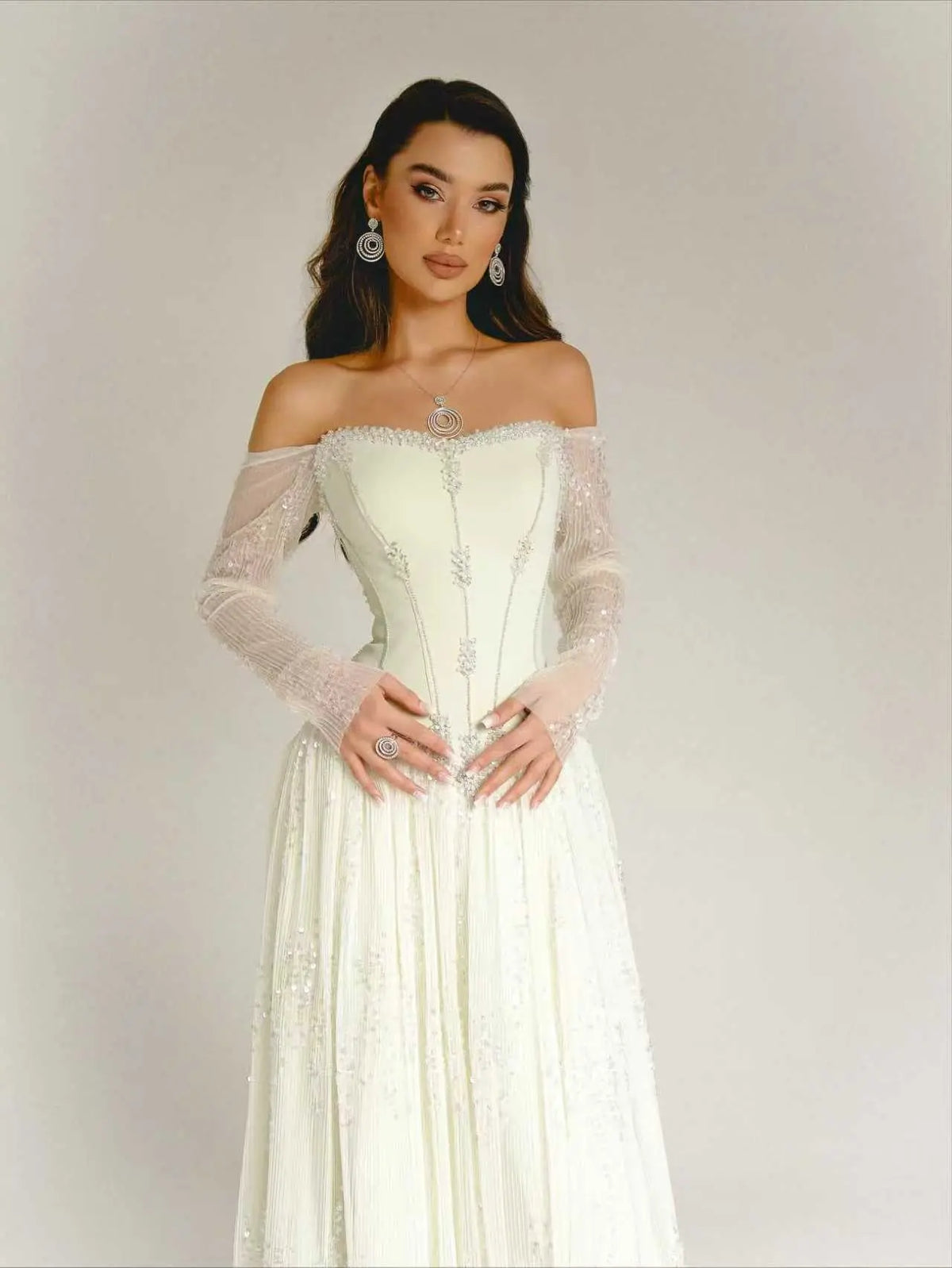 Luxury Beige Crystal Beaded Mesh Long Sleeve Evening Dress SS628 