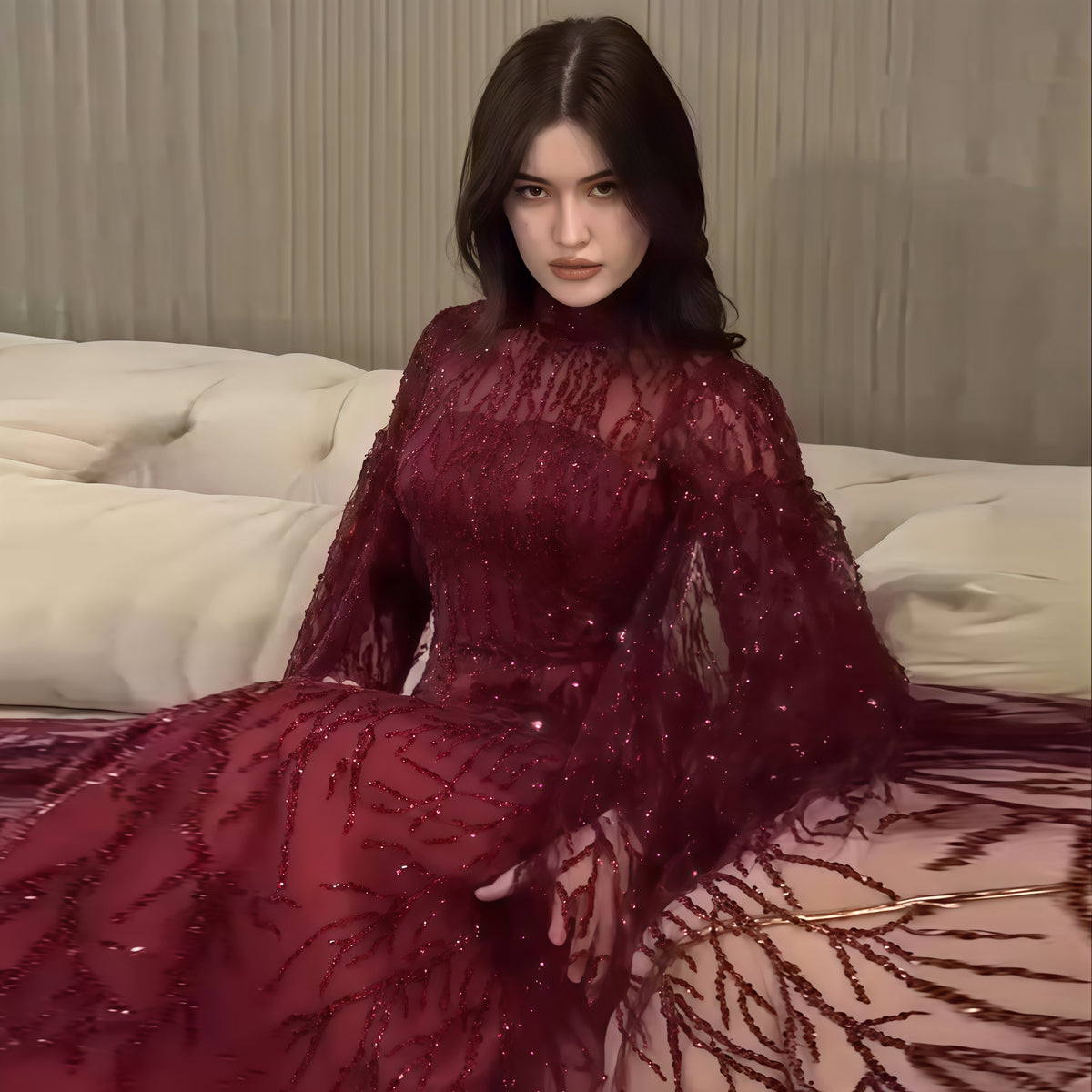 Elegant Dusty Pink Sequin Beaded Long Sleeve Evening Dress SS621 