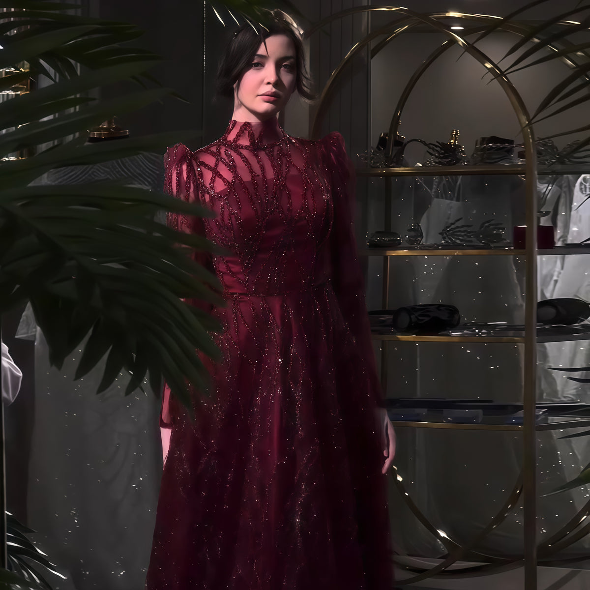 Luxury Wine Red Beaded Sequin Long Sleeve Evening Dress SS618 