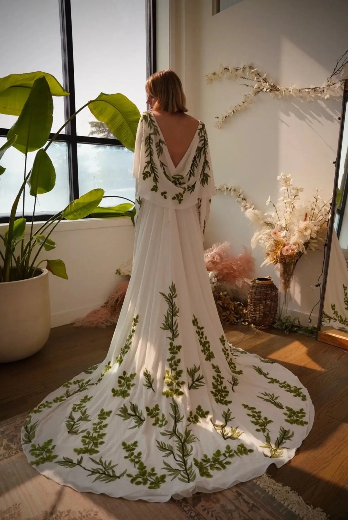 Luxury White & Green Botanical Print Cape Boho Train Wedding Dress SW642 Luxury White & Green Botanical Print Cape Boho Train Wedding Dress SW642