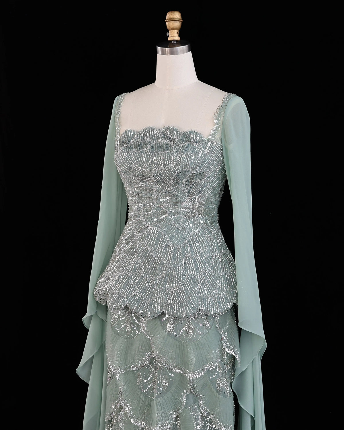 Sage Green Beaded Long Sleeve Evening Gown-3