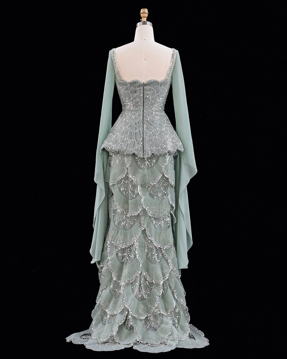 Sage Green Beaded Long Sleeve Evening Gown-4