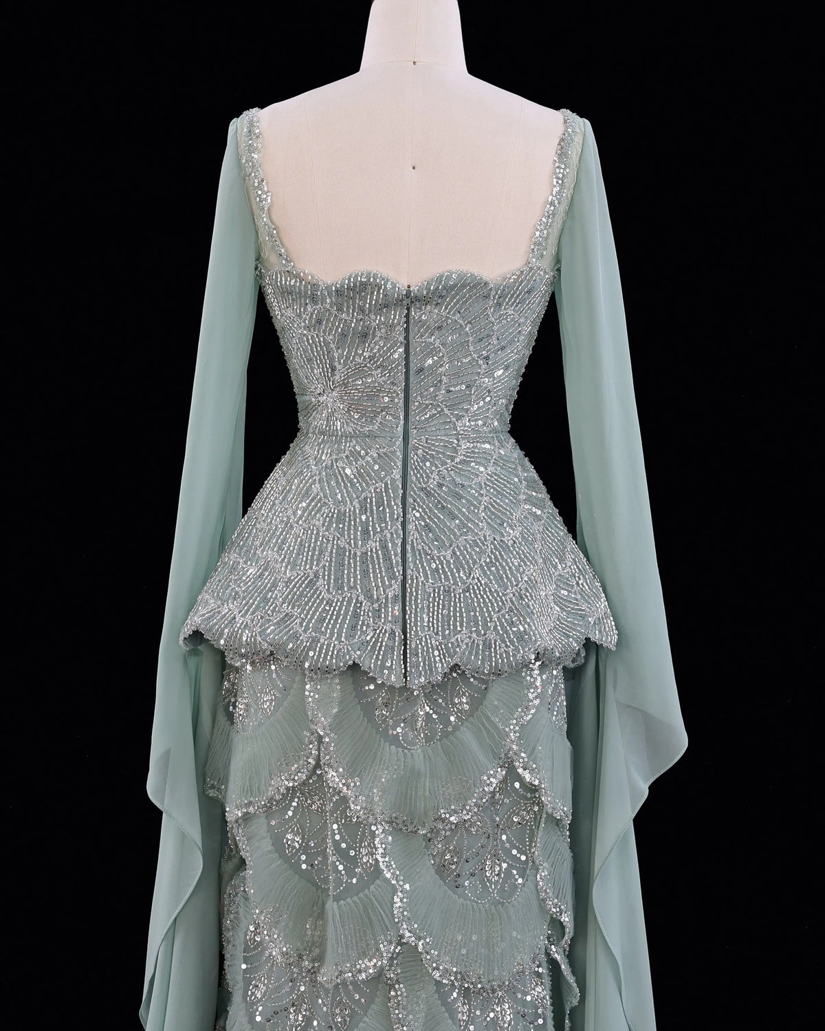Sage Green Beaded Long Sleeve Evening Gown-5