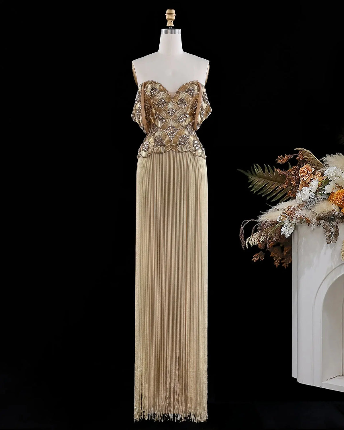Gold Beaded Fringe Off Shoulder Evening Dress