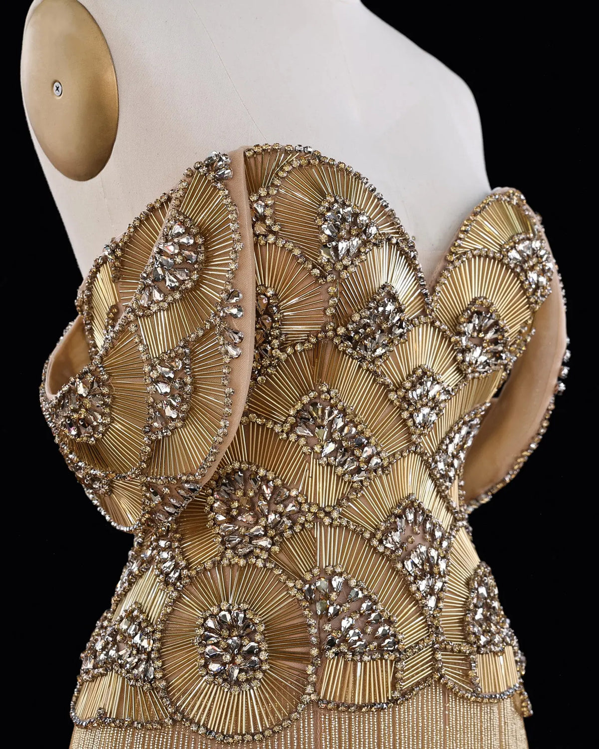 Gold Beaded Fringe Off Shoulder Evening Dress