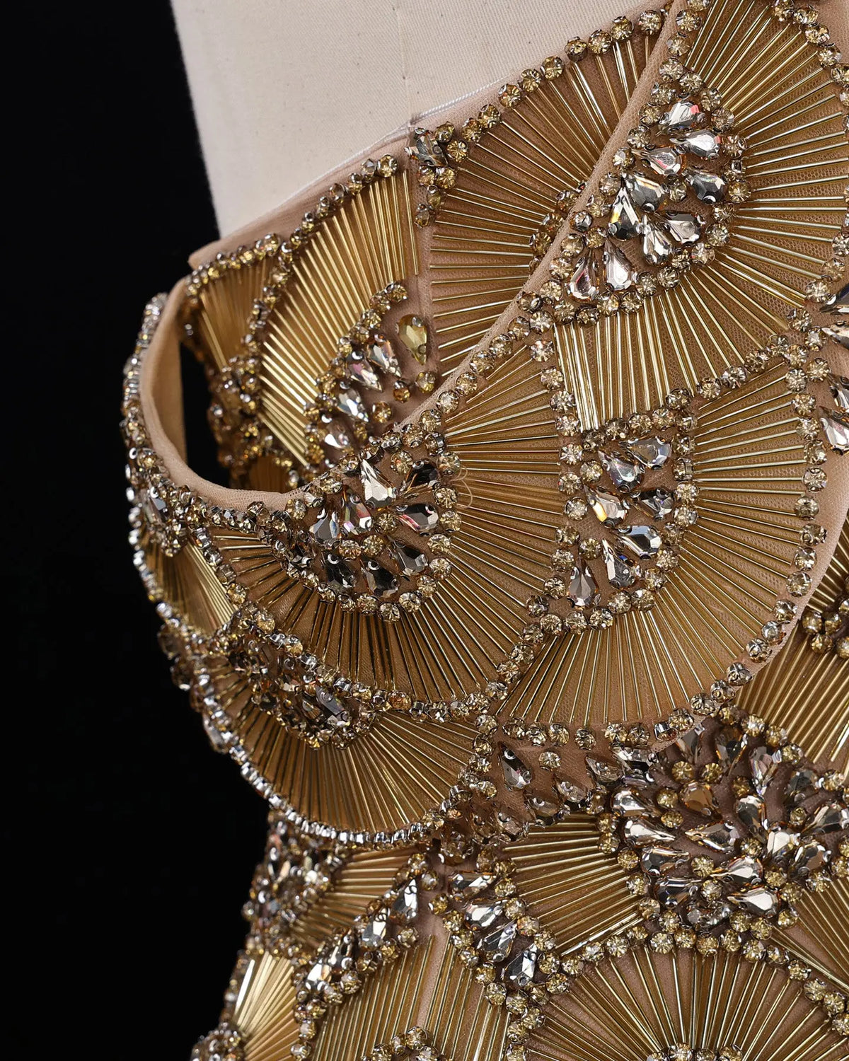 Gold Beaded Fringe Off Shoulder Evening Dress-3