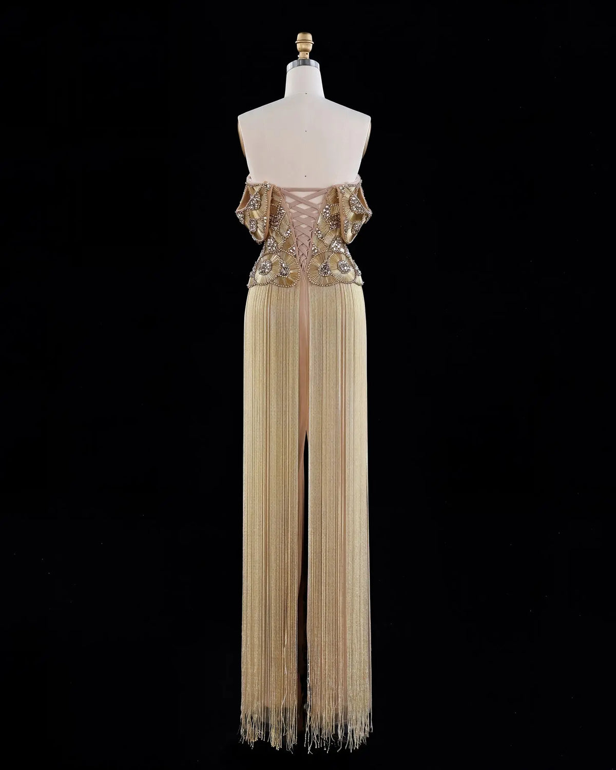 Gold Beaded Fringe Off Shoulder Evening Dress-4