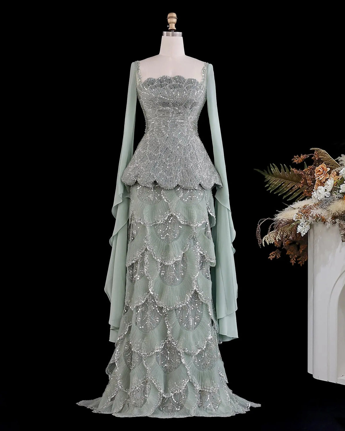 Sage Green Beaded Long Sleeve Evening Gown