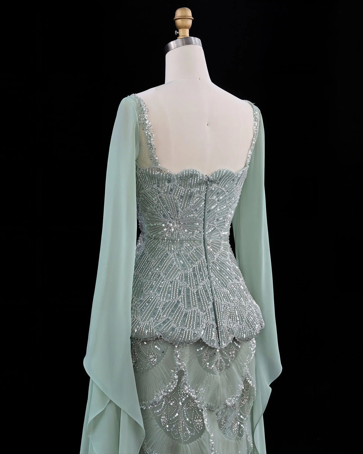Sage Green Beaded Long Sleeve Evening Gown-6