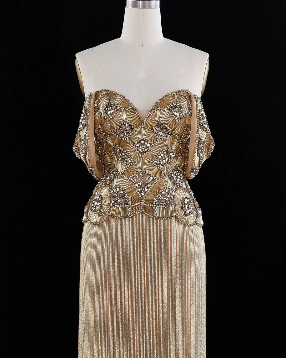 Gold Beaded Fringe Off Shoulder Evening Dress-5