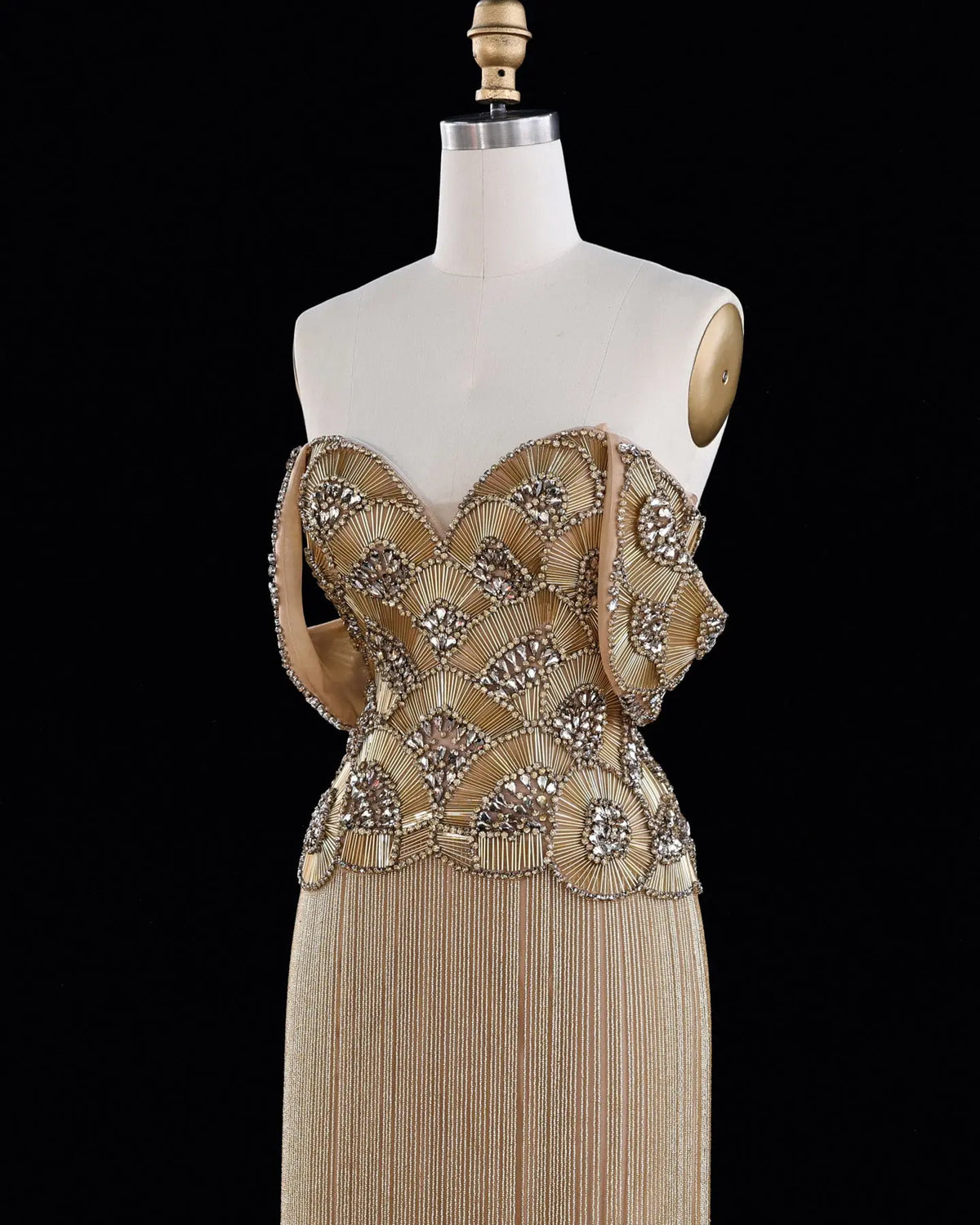 Gold Beaded Fringe Off Shoulder Evening Dress-6