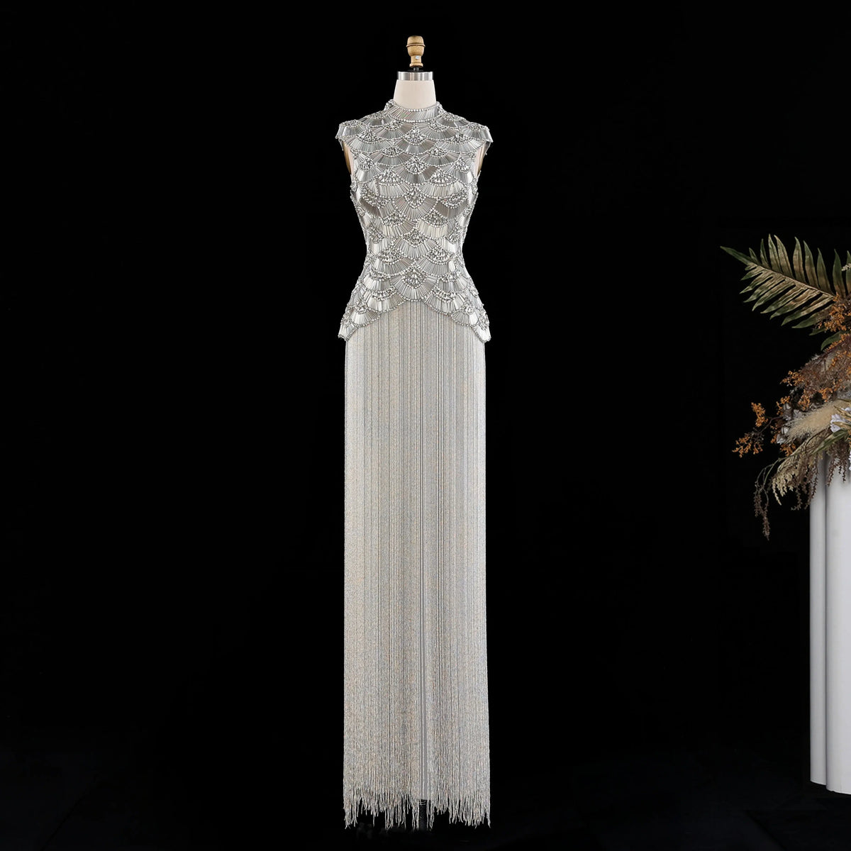 Gold Beaded Fringe Evening Dress SS330-11