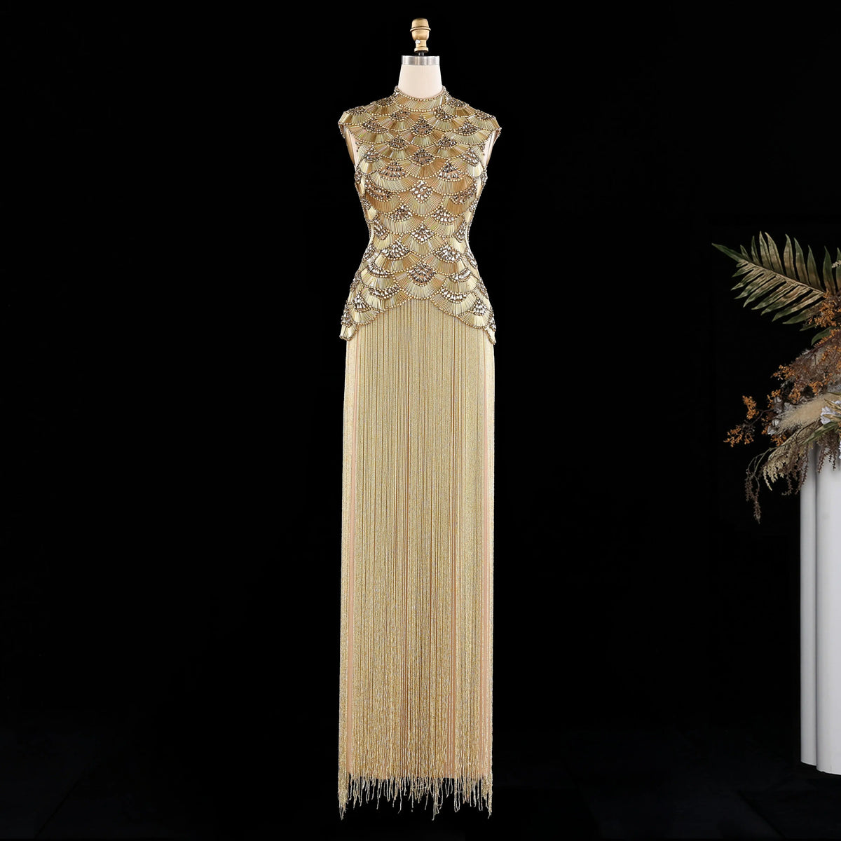 Gold Beaded Fringe Evening Dress SS330-2