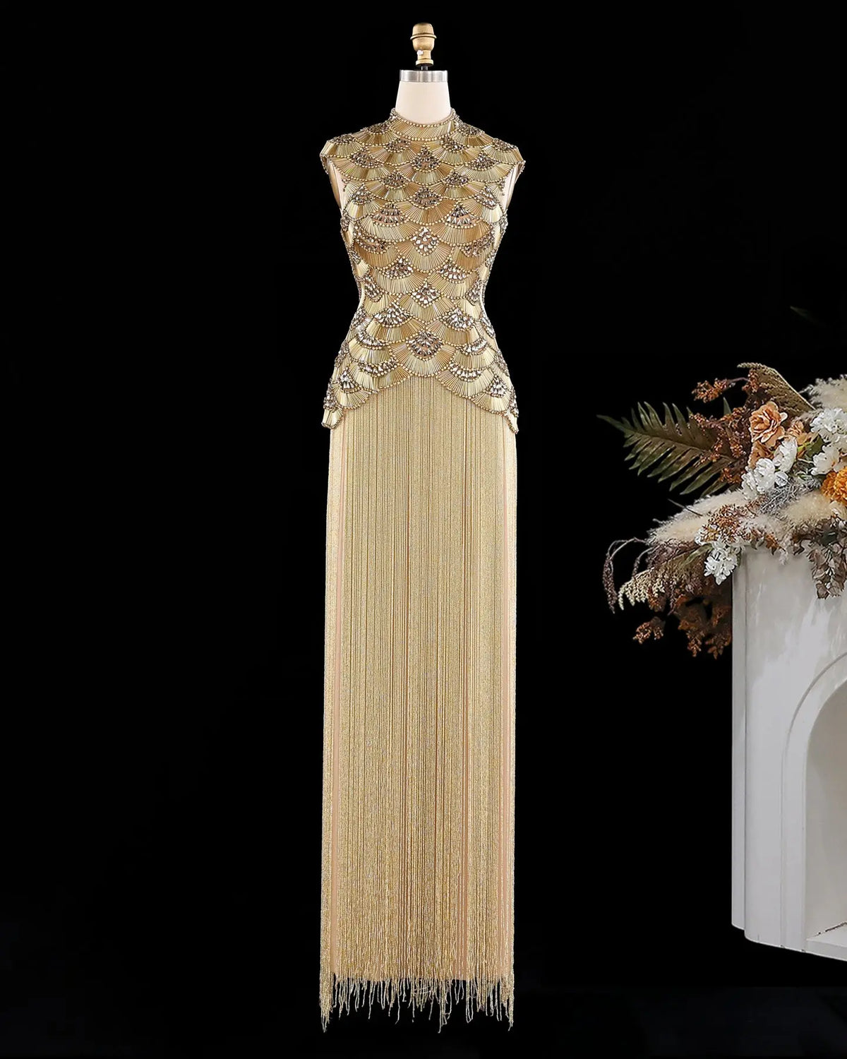 Gold Beaded Fringe Evening Dress SS330-4