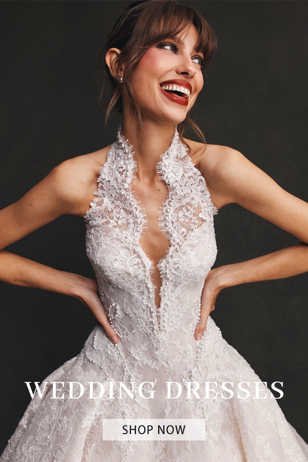 Luxury Ivory Halter Neck Lace Deep V Ball Gown Wedding Dress SW596