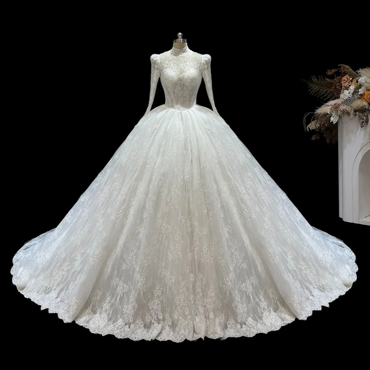 Off White Long Sleeve Ball Gown Wedding Dress SW682