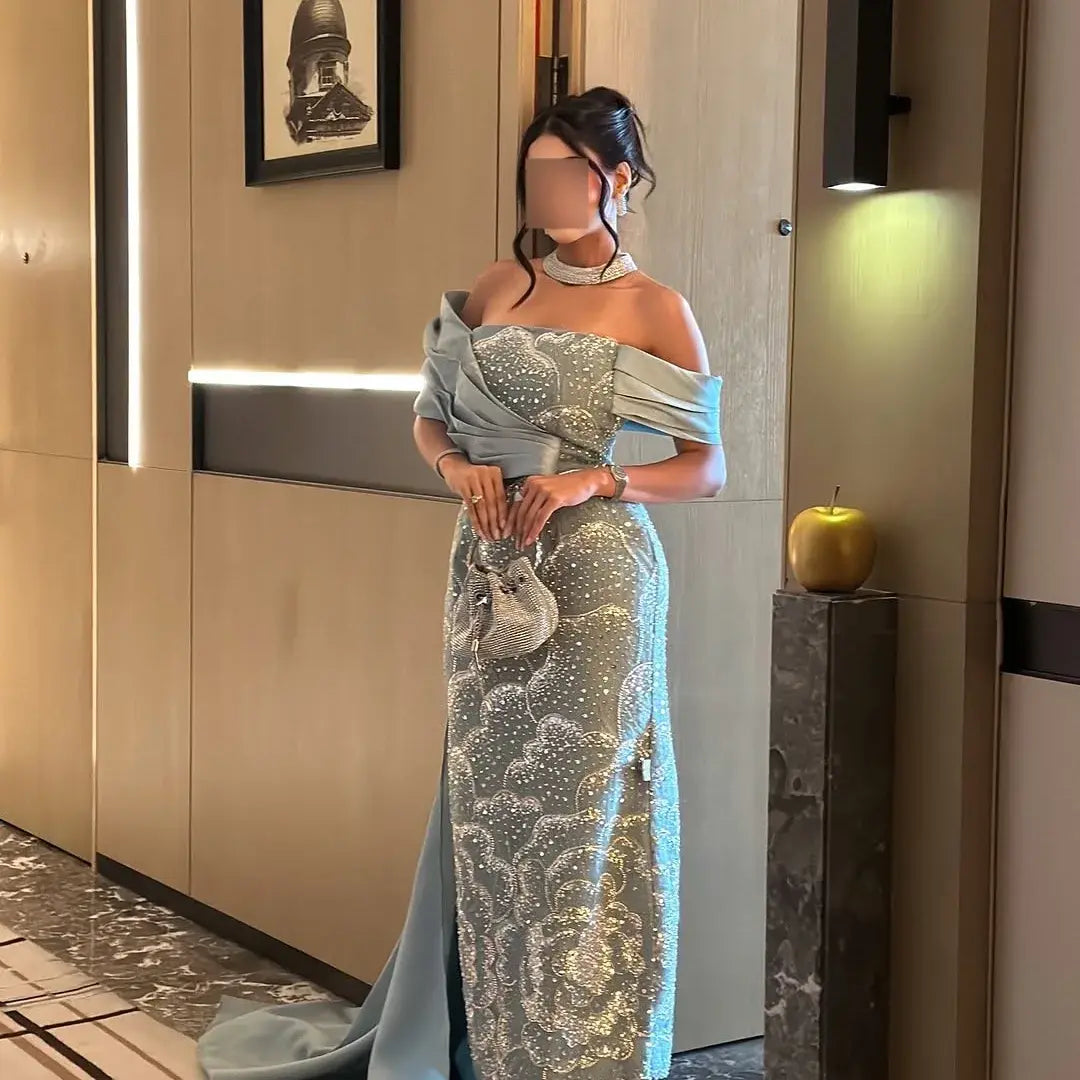 Turquoise Ruched Off Shoulder Crystal Embellished Floor Length Evening – SHARONSAID