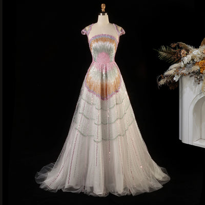 Luxury Ombre Beaded Shell Ball Gown Evening Dress with Cap SS296