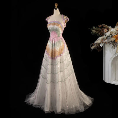 Luxury Ombre Beaded Shell Ball Gown Evening Dress with Cap SS296