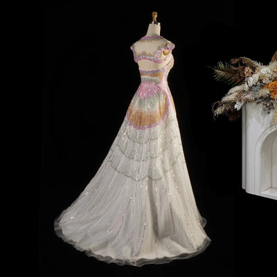 Luxury Ombre Beaded Shell Ball Gown Evening Dress with Cap SS296